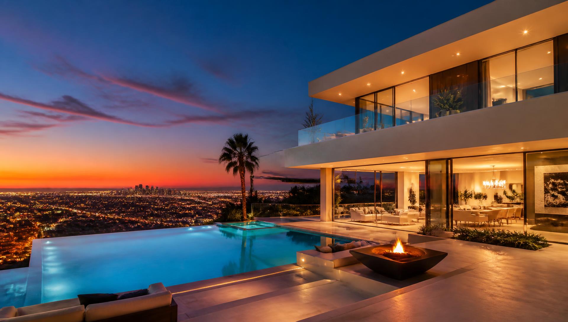 Modern luxury hillside estate at sunset with infinity pool overlooking the city
