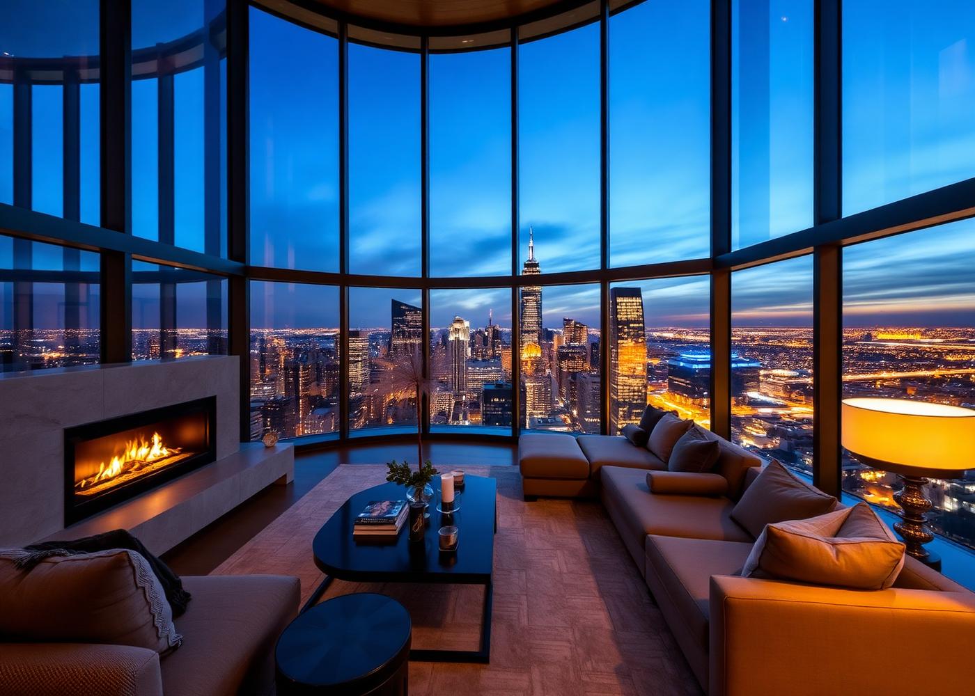 Luxury penthouse living room with fireplace and city skyline views